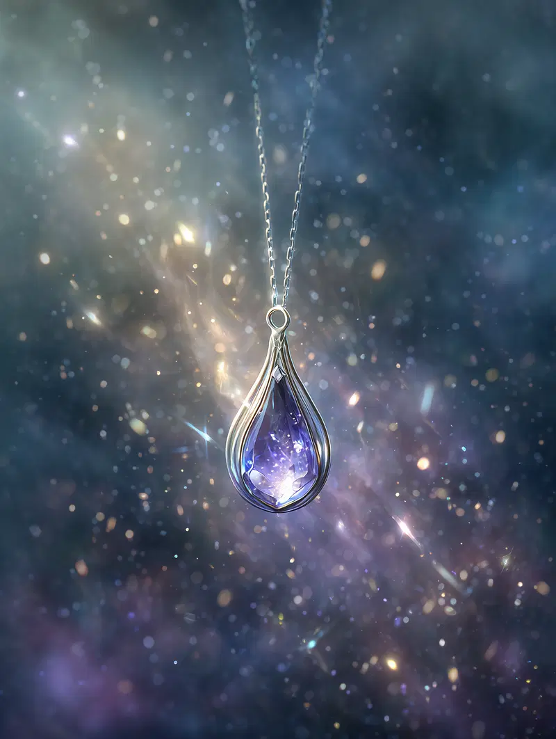 Fine art print of a luminous purple gemstone pendant on a silver chain