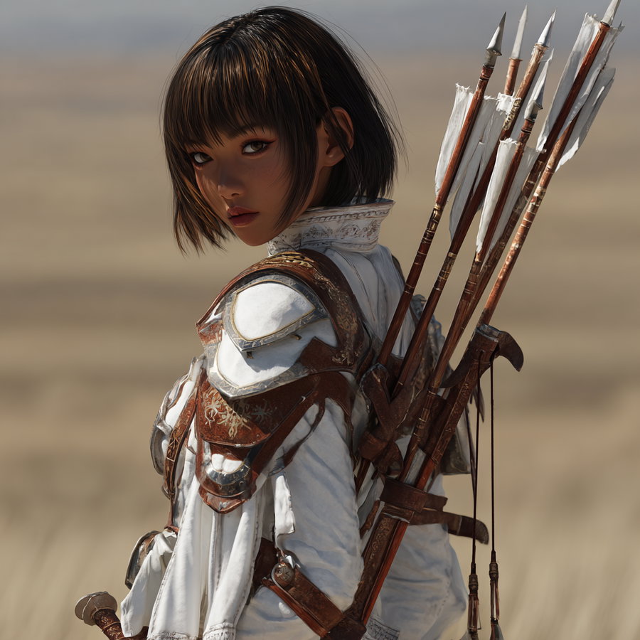 A young woman with short dark hair wearing intricately designed white and brown armor, carrying a quiver filled with arrows on her back, standing in a blurred natural outdoor setting.