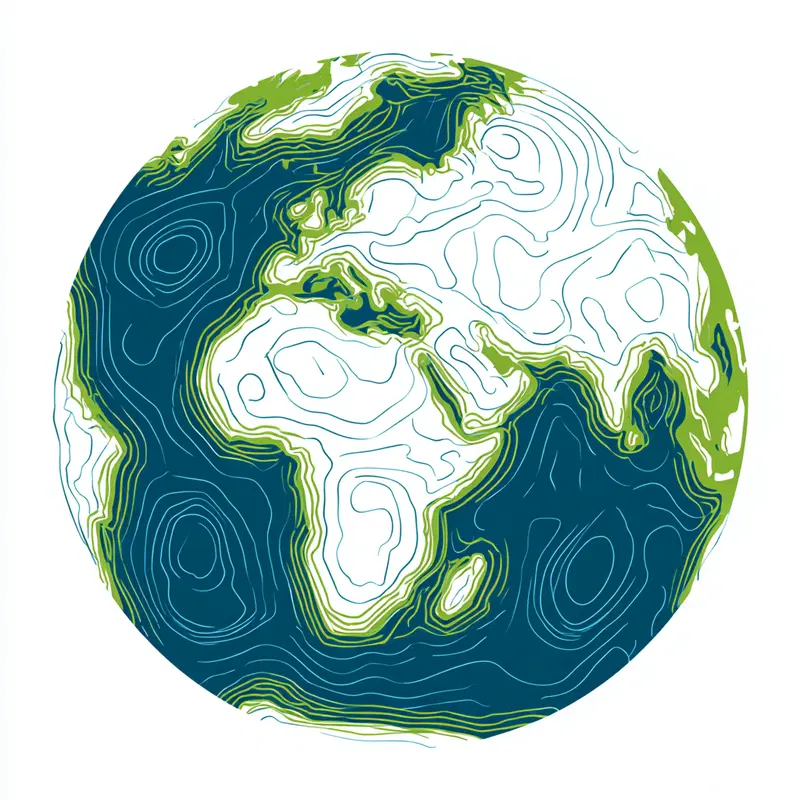 Topographic style earth globe with contour lines showing land and ocean