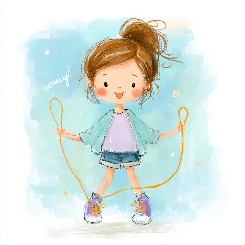Cute digital illustration of a happy girl skipping with a jump rope