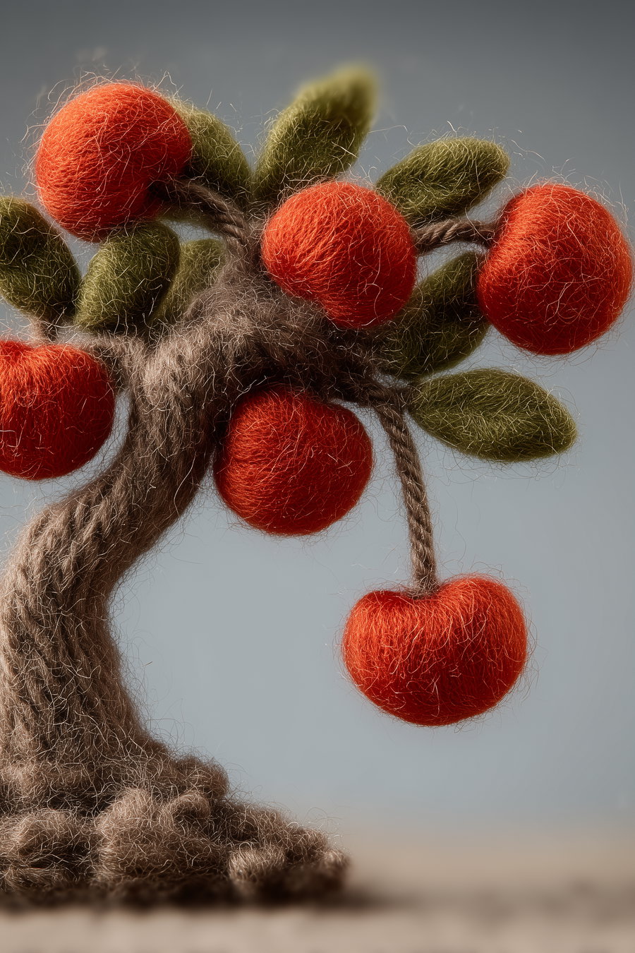 A close-up of a felted wool sculpture shaped like a tree with a brown trunk, green leaves, and red round fruits, set against a light blue background.