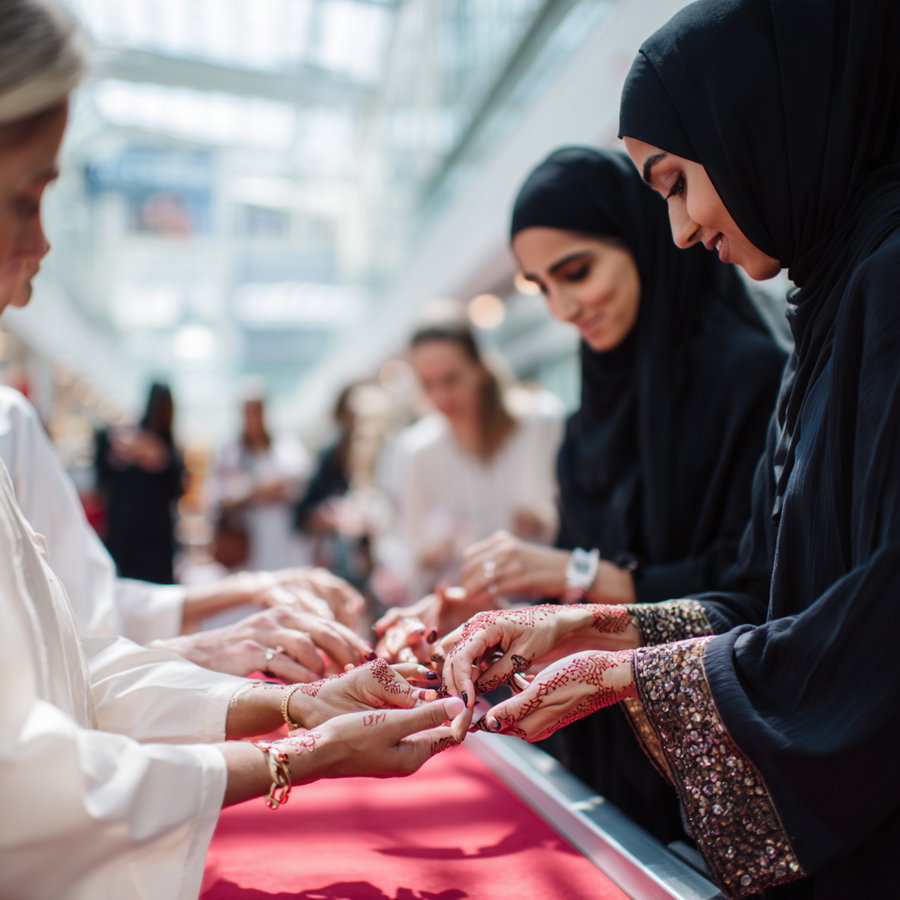 Close-up of hands decorated with henna being applied by women in black hijabs and traditional clothing in a bright indoor space