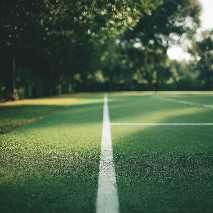 green tennis court surface with white boundary lines, shaded by sunlight, trees and foliage blurred in background