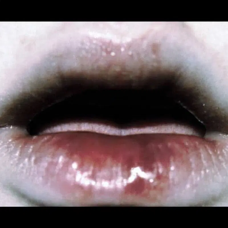 Close-up fine art print of wet lips with detailed texture and shine