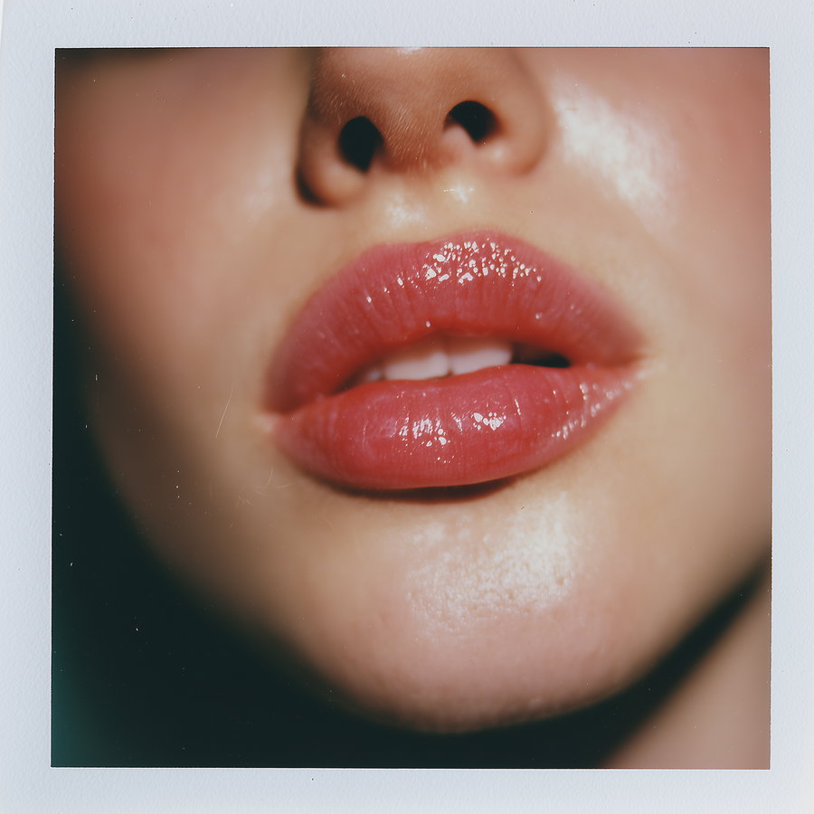 Close-up image of a person's glossy pink lips and the lower part of their nose, showing skin texture and lips slightly parted
