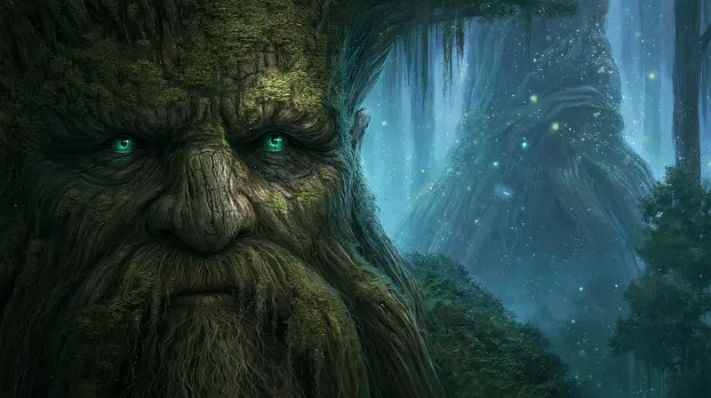 Mystical forest scene with ancient tree spirits and glowing blue ambiance