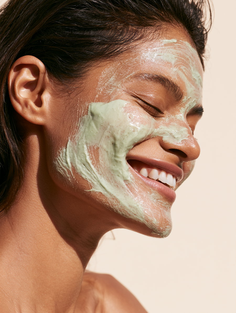 A close up portrait of a woman smiling with her eyes closed, covered with a green facial mask on her cheek, nose, and forehead against a beige background.