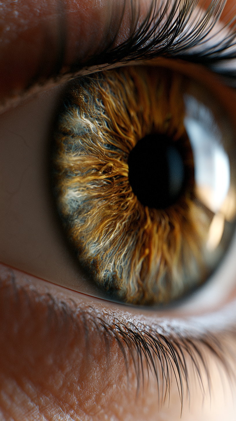 Extreme close-up of a brown human eye showing the intricate details of the iris and surrounding eyelashes