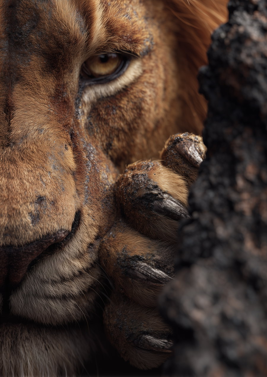 Detailed close-up image showing a lion's eye, nose, and paw with claws resting against a rough tree bark