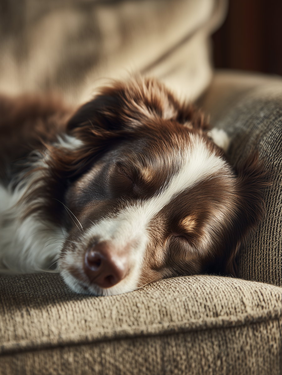 A brown and white dog with closed eyes resting its head on a beige textured couch