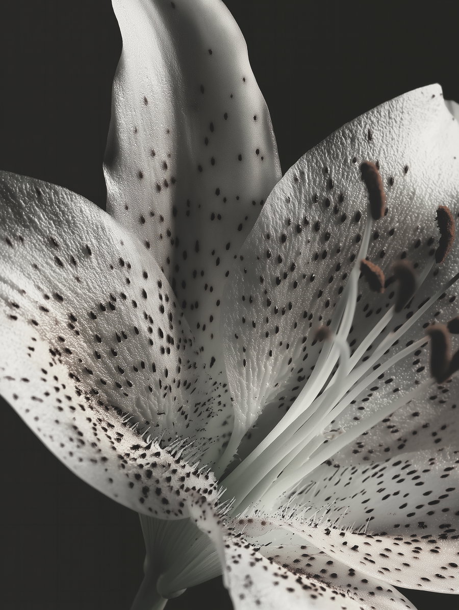 Detailed close-up image of a white lily flower with black spots on its petals against a dark background