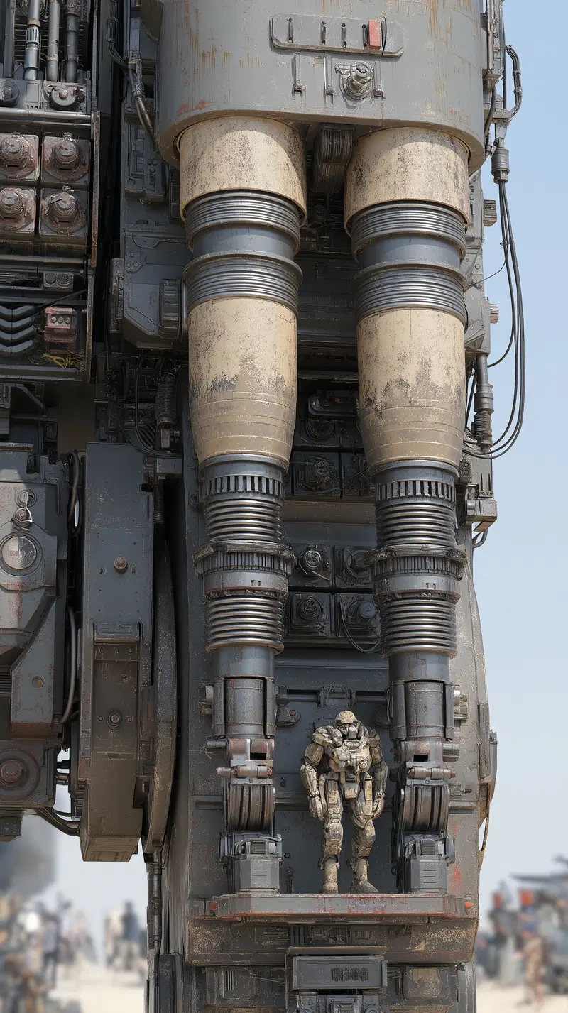Detailed close-up of a futuristic robot mech leg with a smaller armored figure inside