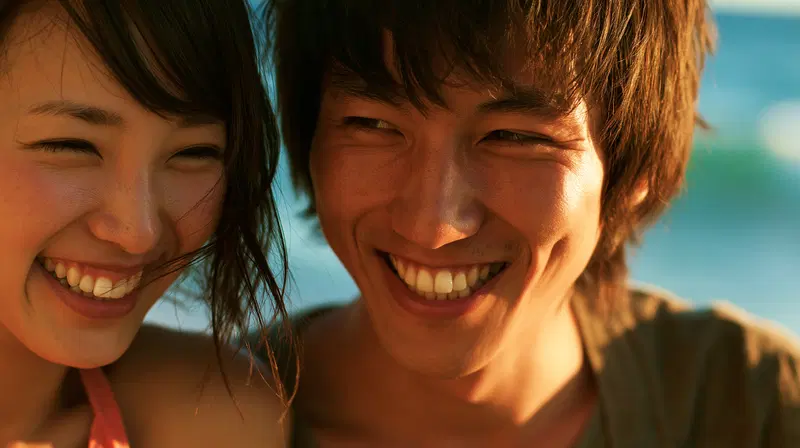 Close-up portrait of a smiling young couple outdoors by the water