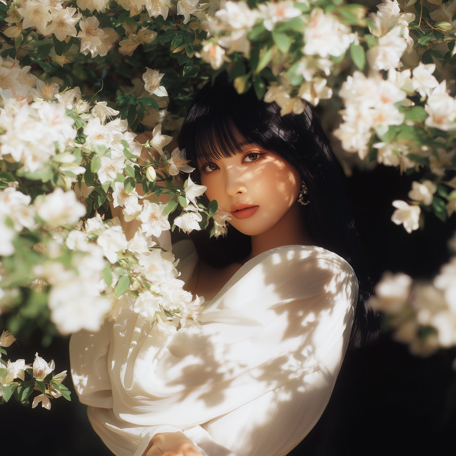 A woman with long black hair wearing a white dress posing amidst cream-colored flowers with soft sunlight casting shadows on her face and outfit