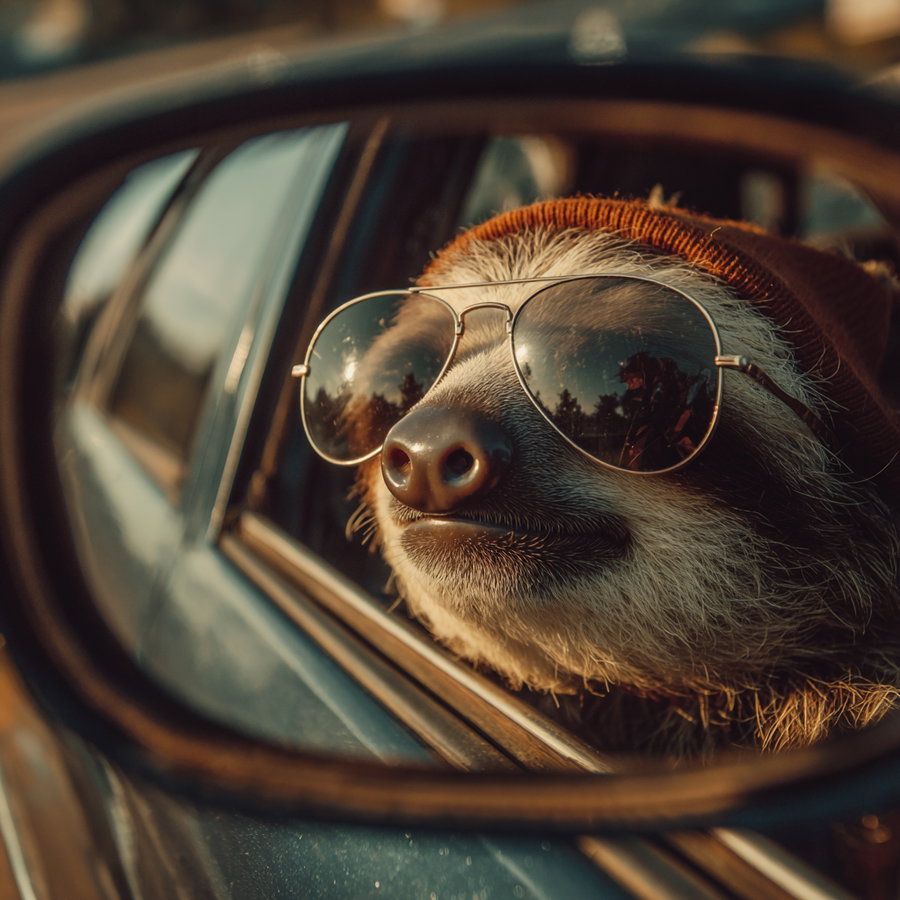 Close-up of a sloth's face wearing aviator sunglasses and an orange beanie, reflected in a car's side mirror