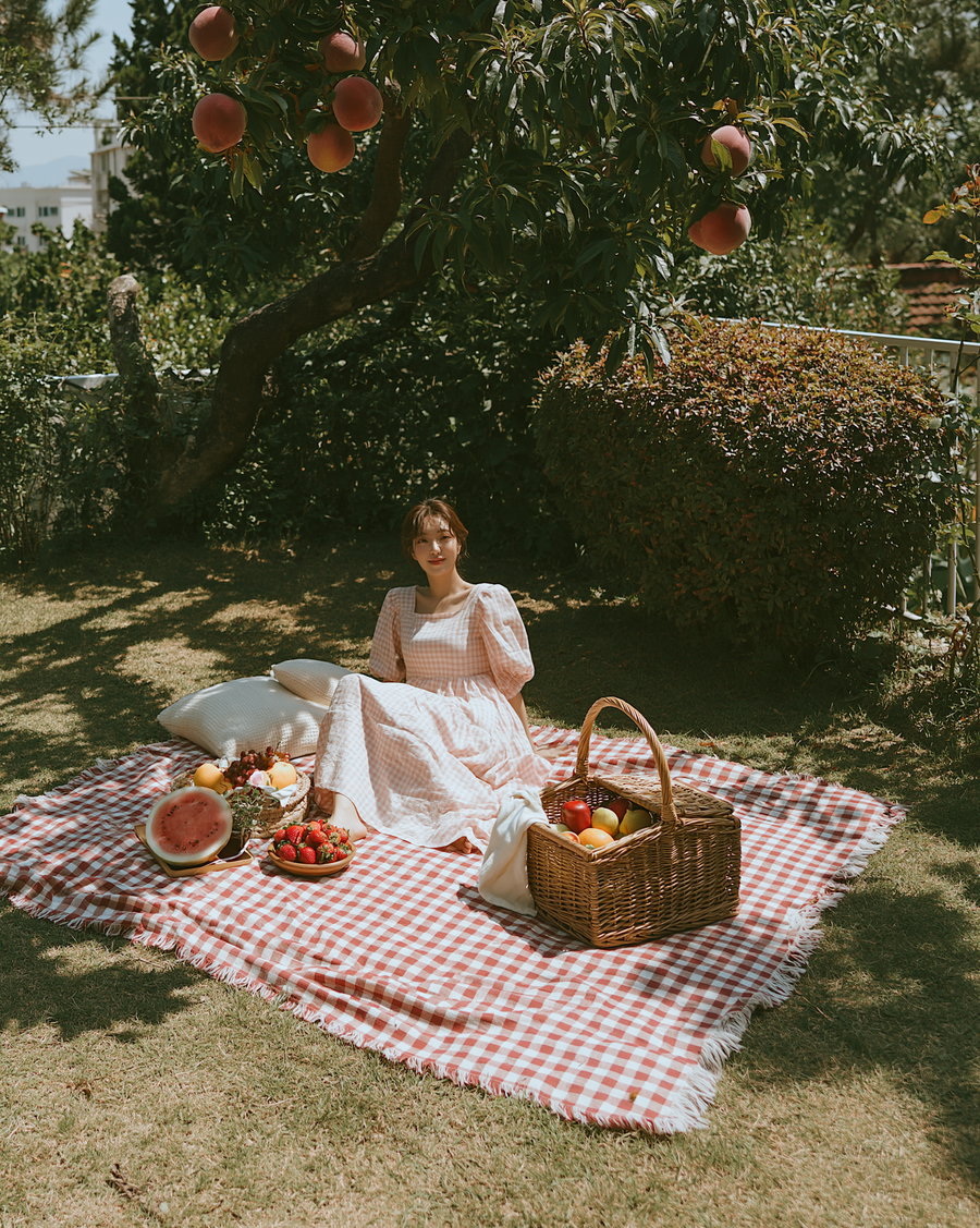 A woman in a light pink checkered dress sitting on a large red and white checkered blanket in a sunlit garden. There is a basket of apples and citrus fruits, a bowl of strawberries, a sliced watermelon, several cushions, and lush greenery including a tree with round orange fruits overhead.