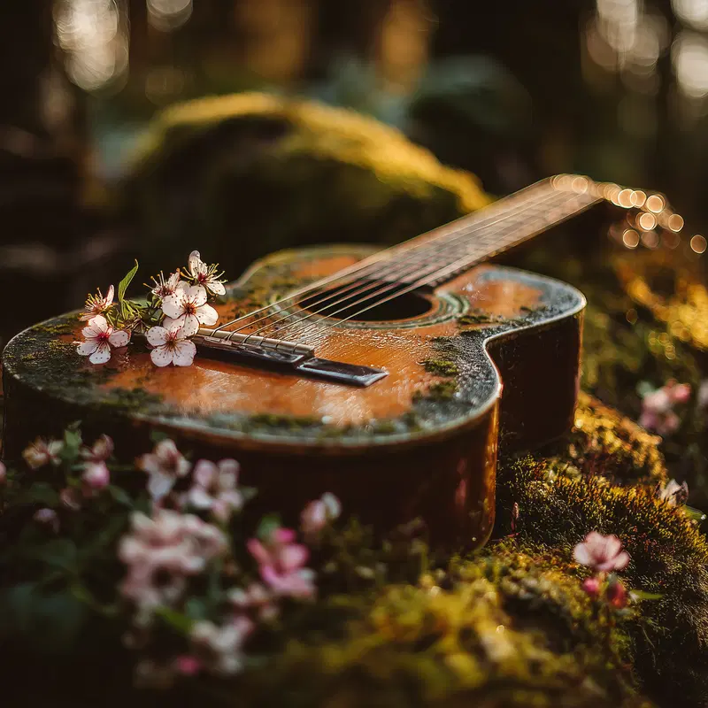 Romantic close-up of an acoustic guitar adorned with delicate flowers in a forest setting