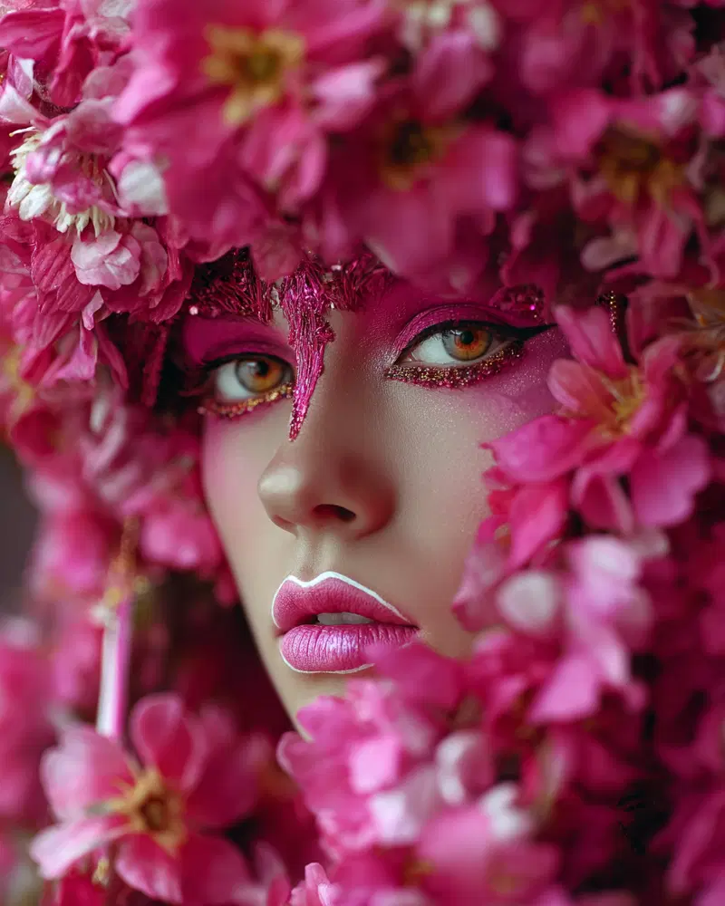 Close-up portrait of a person with elaborate pink floral face makeup and flowers