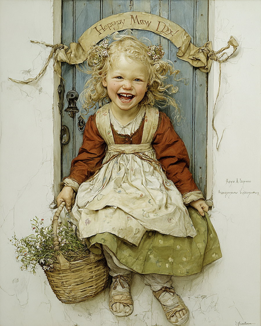 Illustration of a smiling blonde girl in vintage clothing sitting against a rustic blue door, holding a basket filled with flowers, with a handwritten sign above that reads Happy May Day