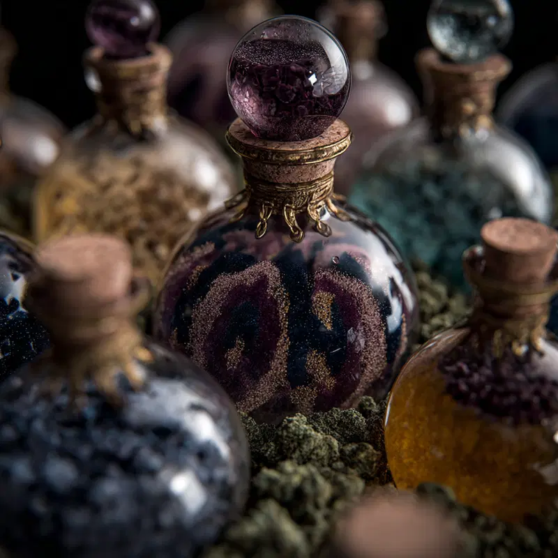 Close-up of vintage-style ornate glass bottles with colorful contents