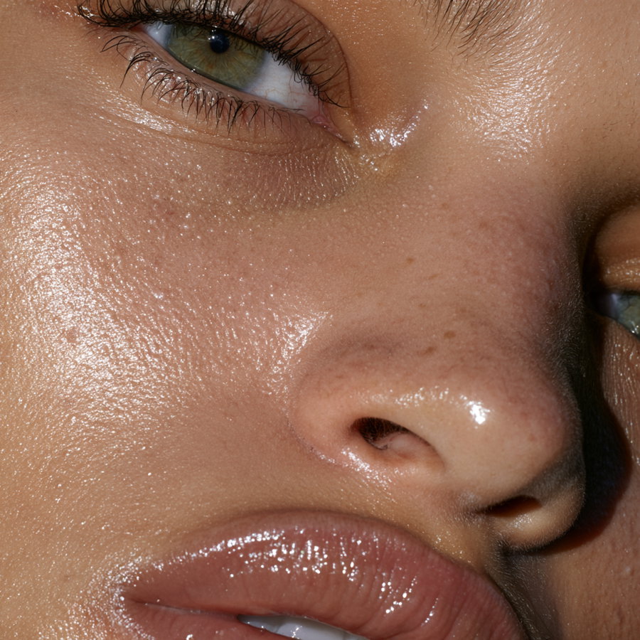 Extreme close-up image of a person's face focusing on the eye, nose, and glossy lips with visible skin texture and pores