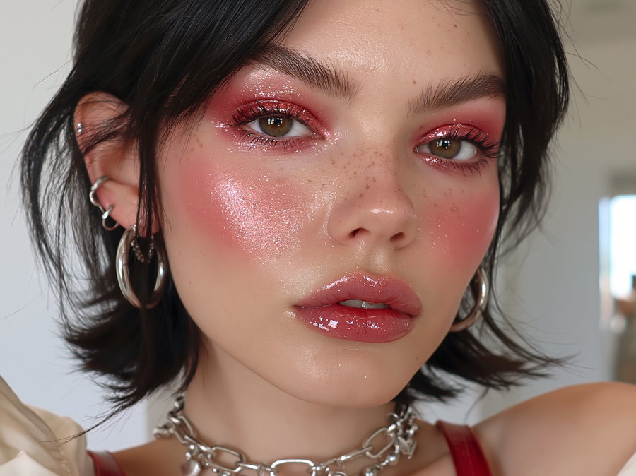 A close-up image of a person with short dark hair, shiny pink eyeshadow and blush, glossy lips, silver chain necklace, and multiple silver earrings