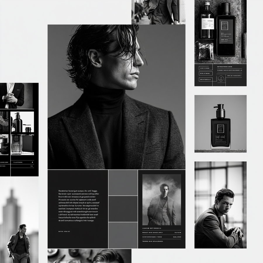 Collage featuring black and white portraits of men in suits and black and white product images of bottles, arranged in a modern layout