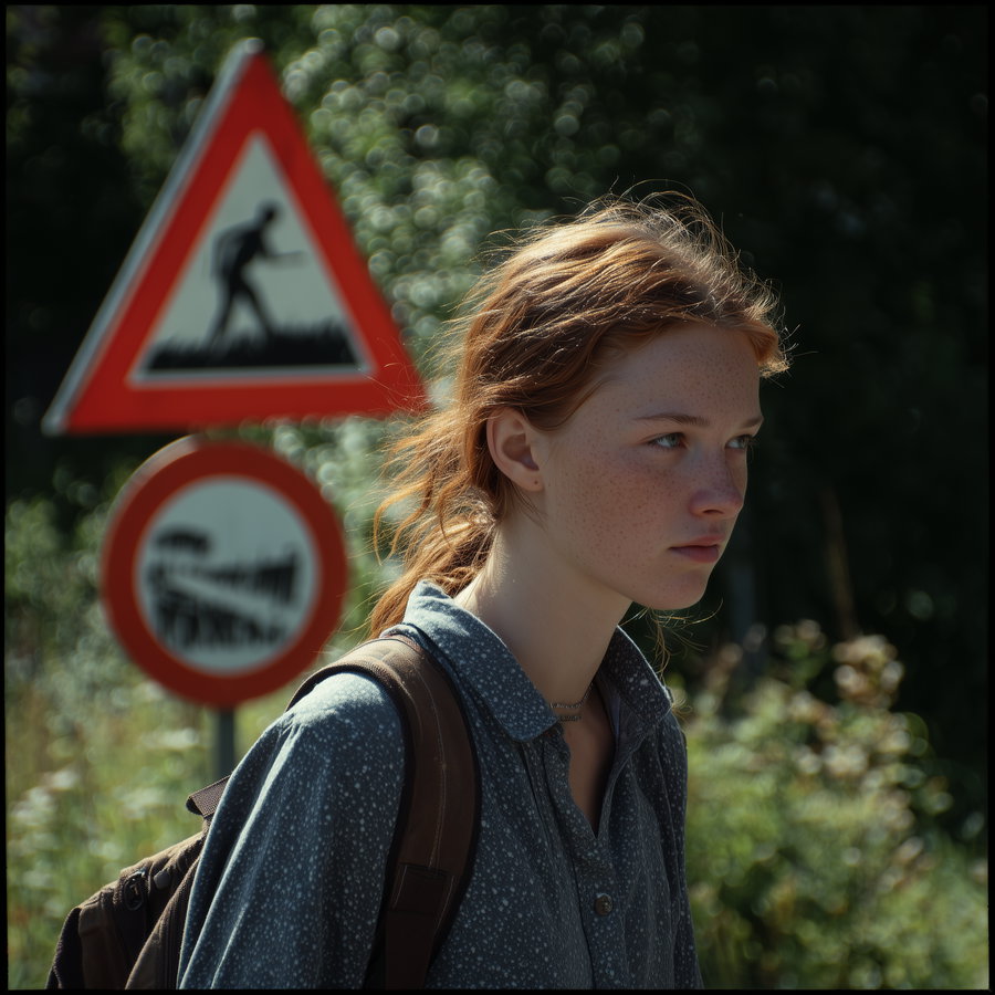 Young woman with freckles and red hair wearing a blue shirt and backpack, standing outdoors with blurred greenery and red-bordered road signs in the background