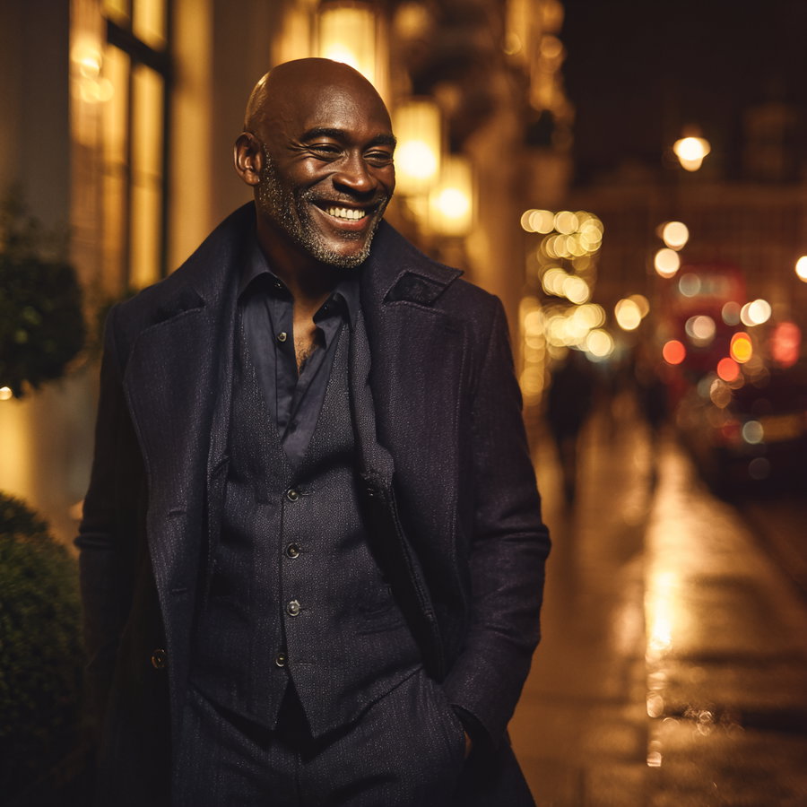 A well-dressed man smiling warmly with hands in pockets on a city sidewalk at night with warm street lighting and blurred background