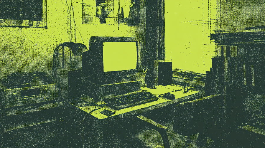 A desk with an old computer, speakers, and various office items in a room with framed pictures on the wall and a window with blinds