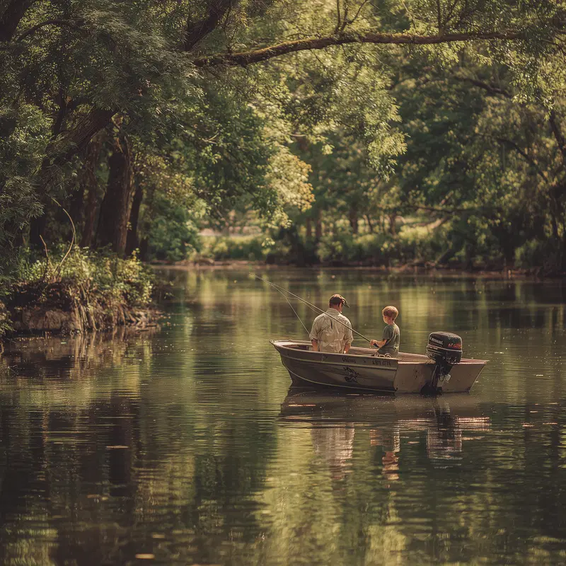 Serene fishing scene in a lush green river surrounded by trees