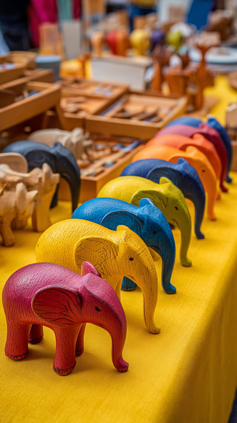 A row of colorful wooden elephant figurines in red, yellow, blue, and other colors arranged on a yellow tablecloth with other wooden crafts blurred in the background