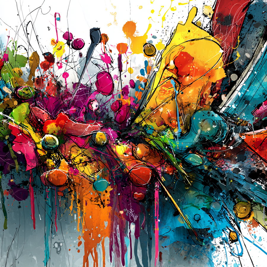 Abstract painting featuring vibrant splashes of colors including pink, orange, yellow, blue, and green with dynamic black and white lines and drips on a grey and white background