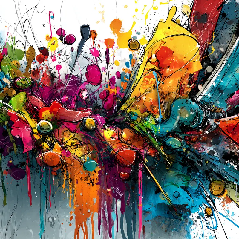 Vibrant and energetic abstract art with colorful splashes and dynamic lines