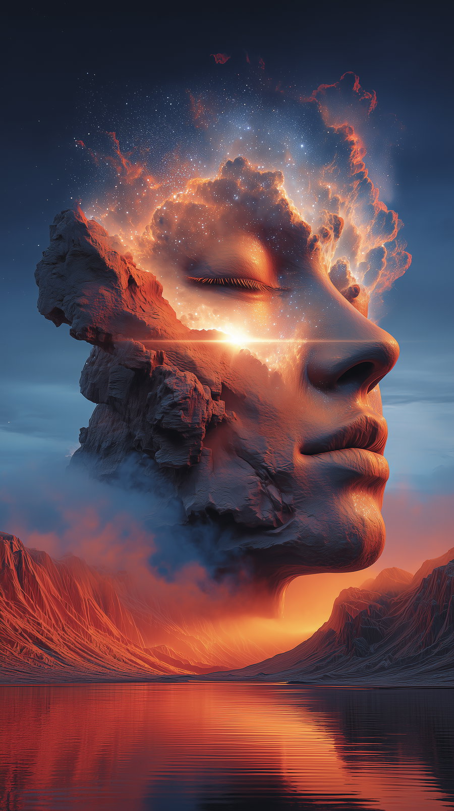 A surreal image of a large stone face emerging from a mountainous landscape, with glowing light and star-like particles around the upper head, reflecting in calm water with blue and orange tones.