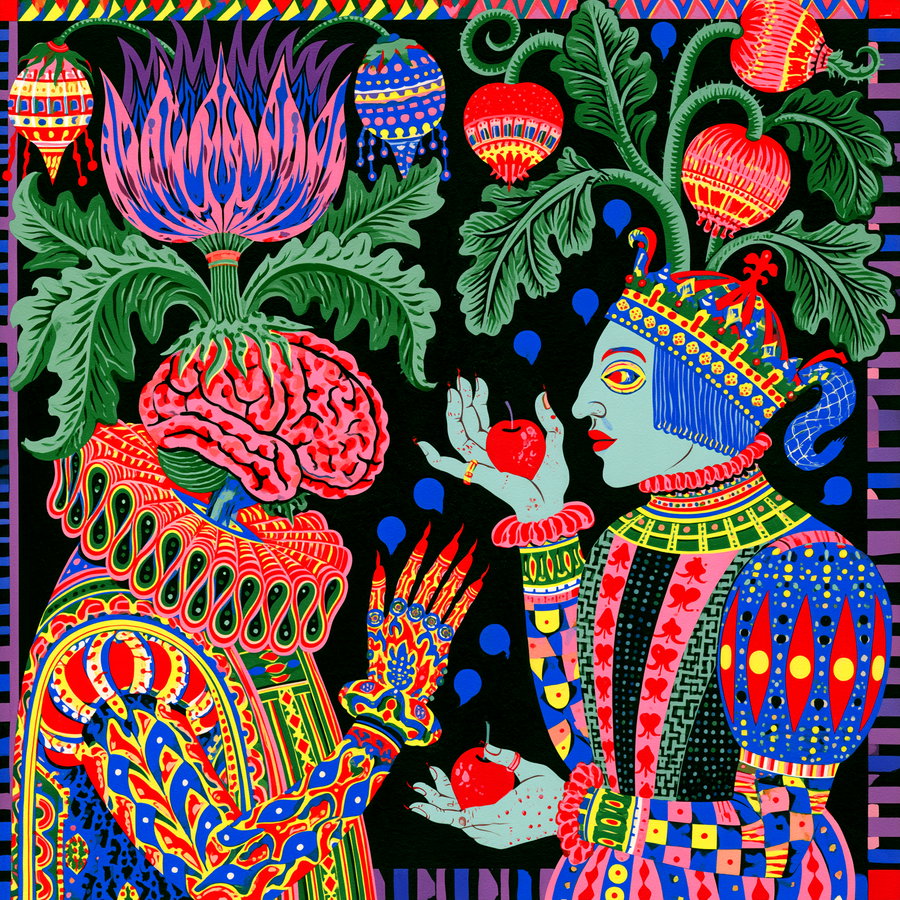A vibrant modern painting showing two figures in colorful, patterned Renaissance-inspired clothing. One has a brain for a head under a flower, holding a patterned hand, while the other wears a crown and holds red apples, set against a black background with abstract decorations.