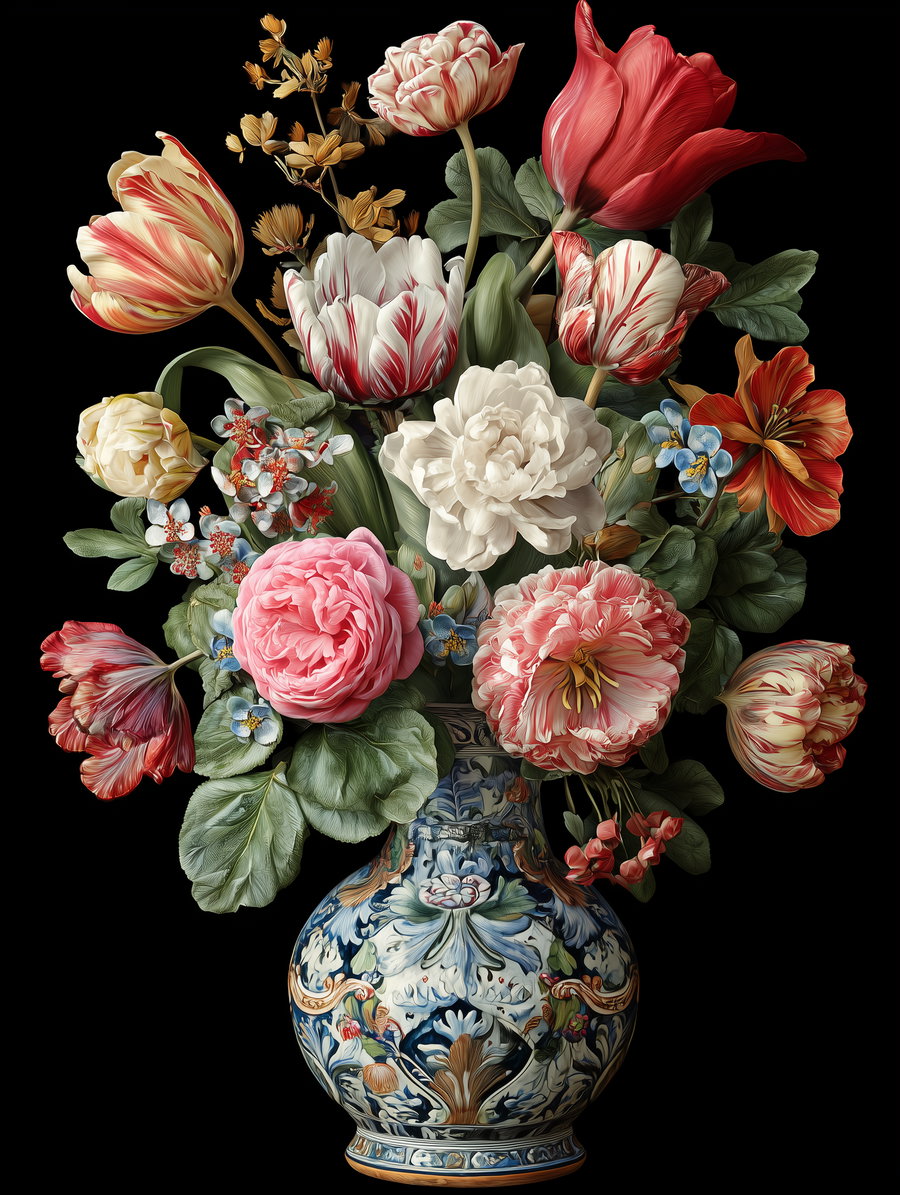 A highly detailed digital painting of a flower bouquet featuring tulips, roses, and other flowers in a decorative blue and white vase against a black background.