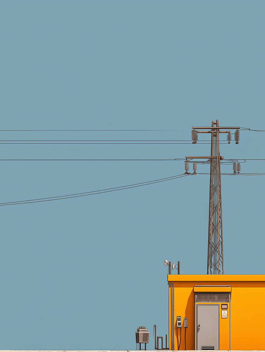 A yellow building with a closed door next to a tall power pole and electrical wires against a clear blue sky.