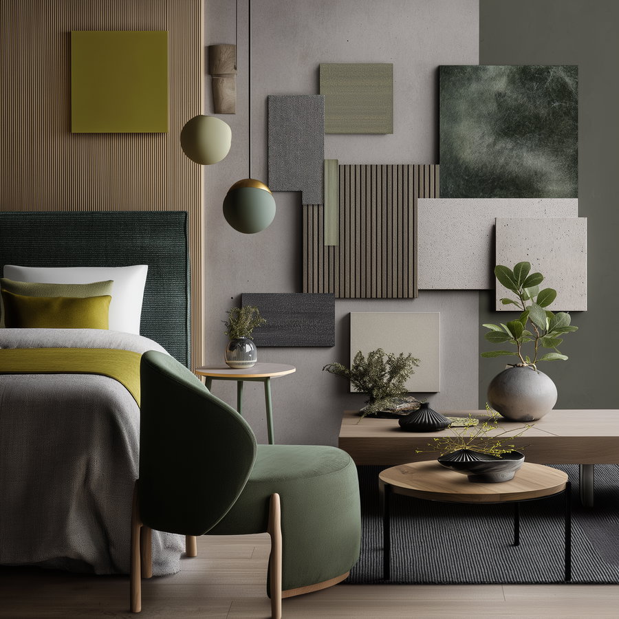 Bedroom with muted green and beige tones, a green upholstered chair, bed with green and neutral linens, wooden tables, and a wall decorated with geometric panels in soft earthy colors