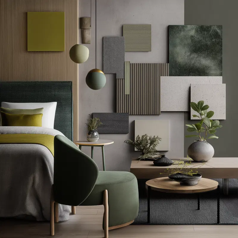 Serene bedroom interior featuring Japandi style wall decor and minimalistic furniture