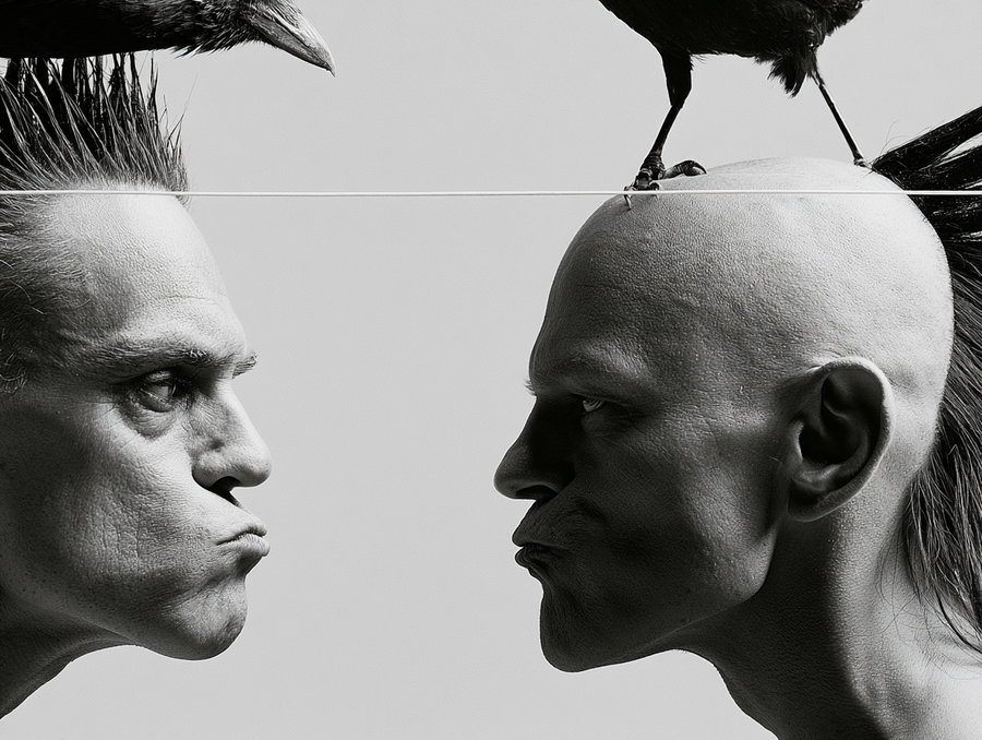 Black and white photograph showing two men facing each other with intense expressions, one with spiked hair and the other bald with a mohawk, with a crow perched on the bald man's head