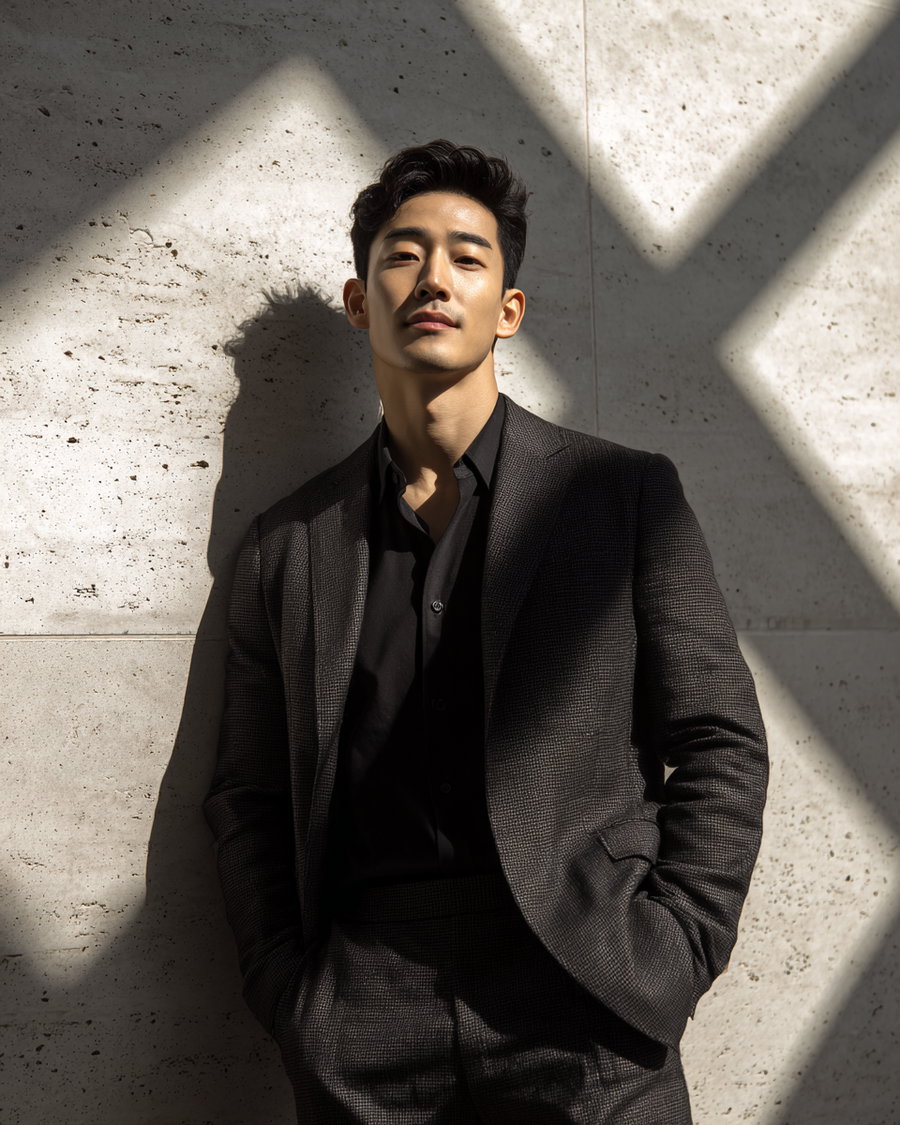A man in a dark patterned suit and black shirt standing against a textured stone wall with shadows crossing the wall and his face