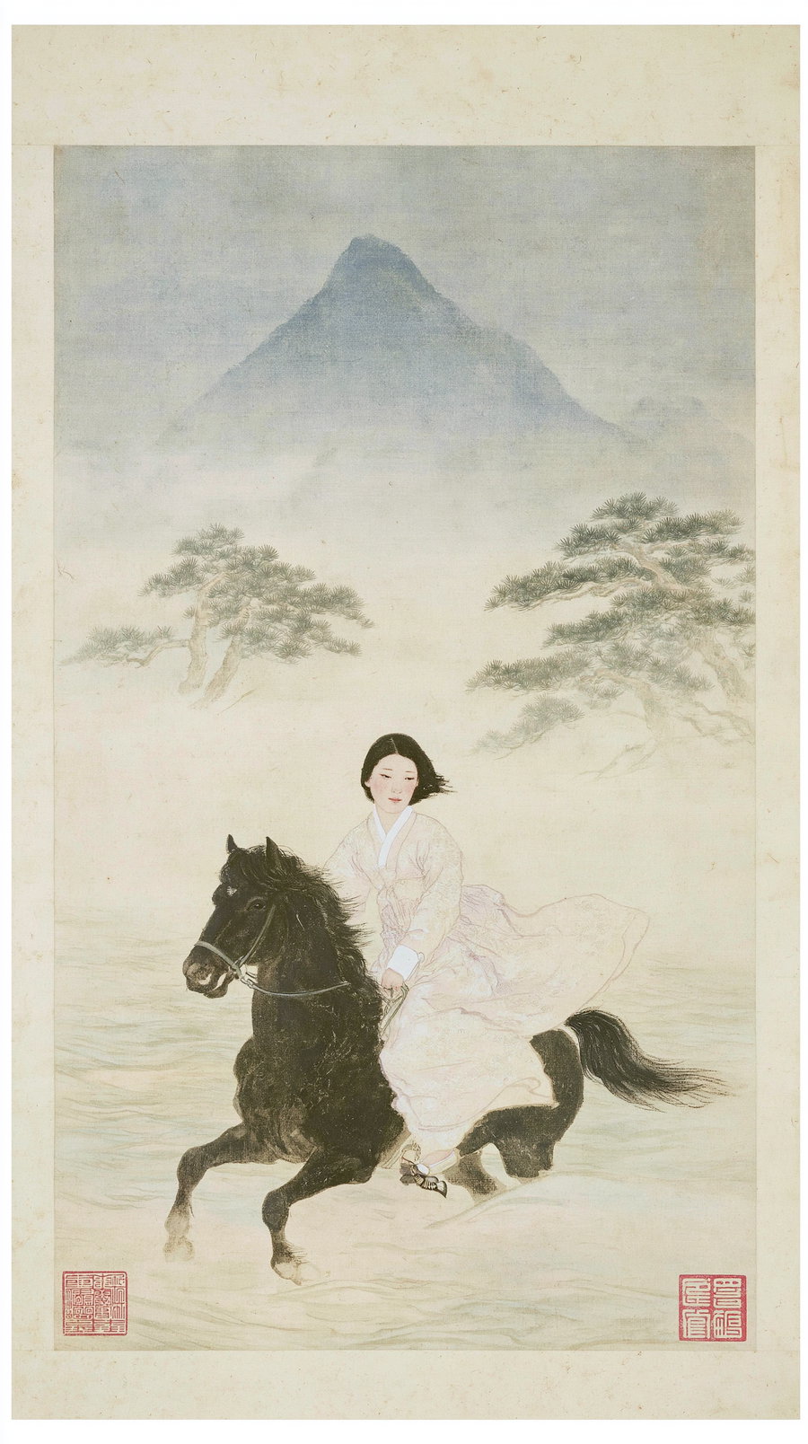 Painting of a woman in traditional clothing riding a black horse with trees and a misty mountain in the background