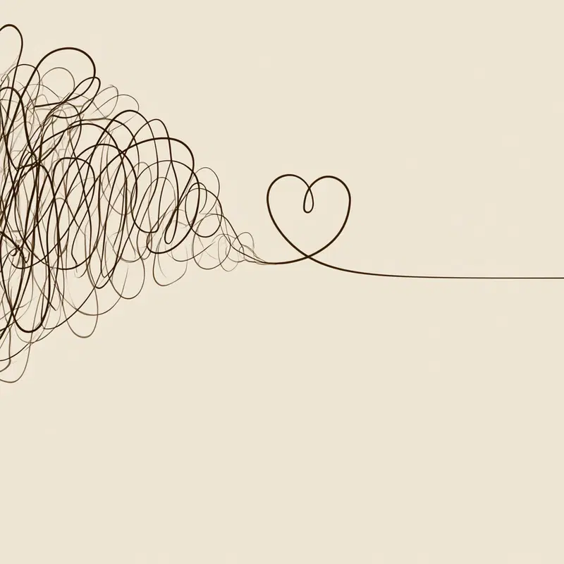 Minimalist line art with a heart shape emerging from scribbles on beige background