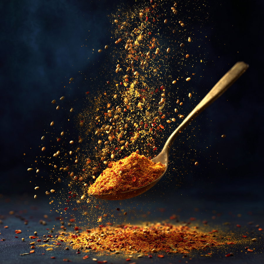A wooden spoon holding a heap of vibrant red and yellow spices with seeds, some particles and spices flying above against a dark blue background