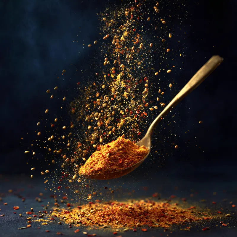 Close-up of a vintage spoon with vibrant spices in motion on dark background