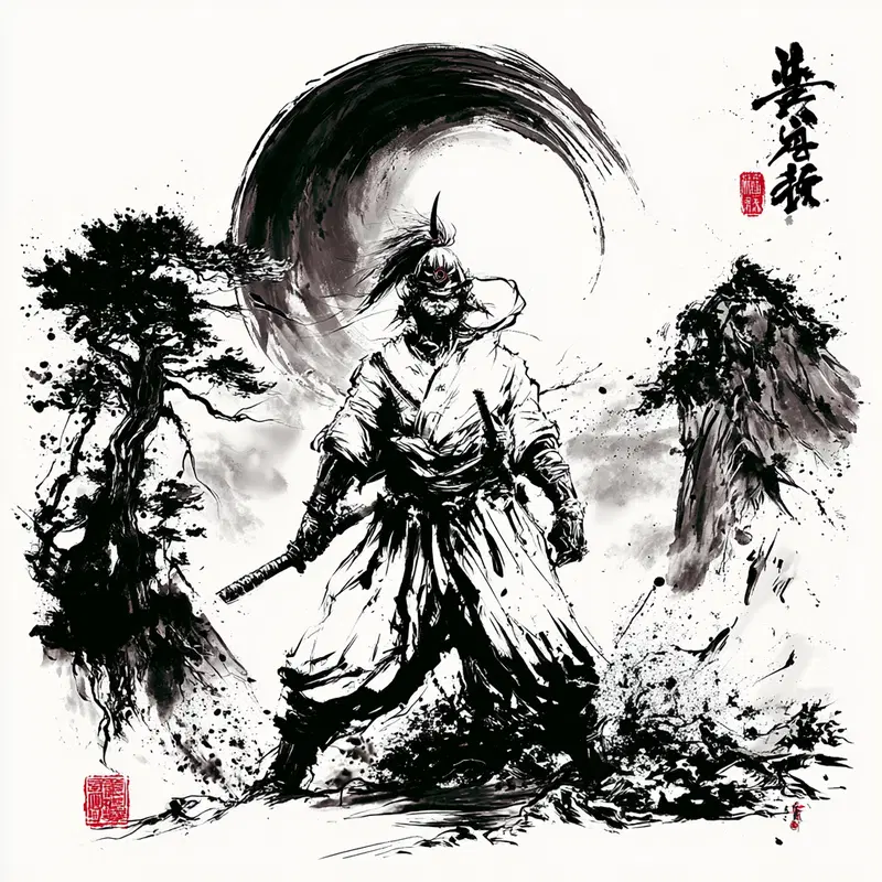 Dynamic black and white Japanese ink style samurai art with natural elements