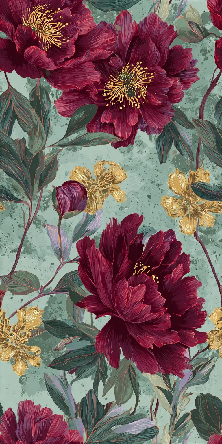 Elegant burgundy and gold floral art print with green foliage on textured background