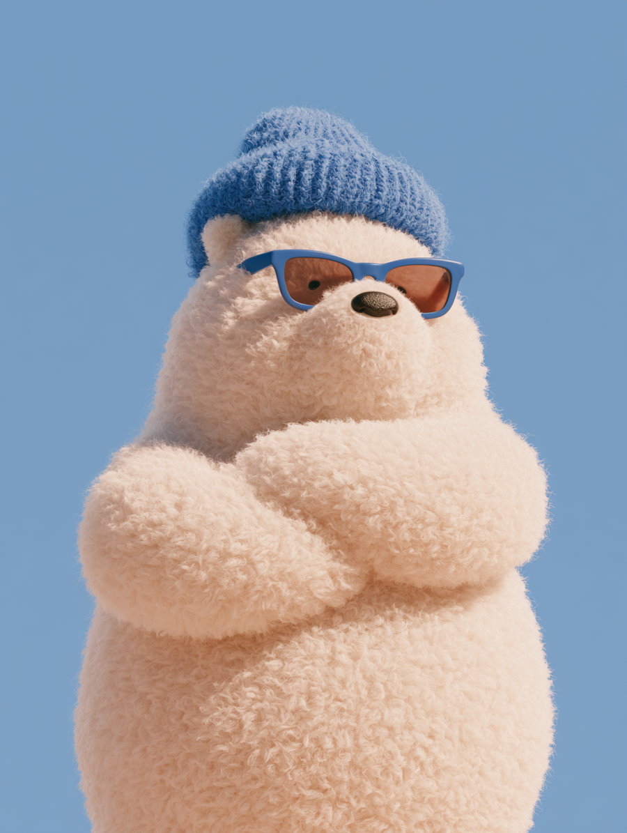 A fluffy light beige bear with folded arms wearing blue sunglasses and a knitted blue hat against a clear blue sky background