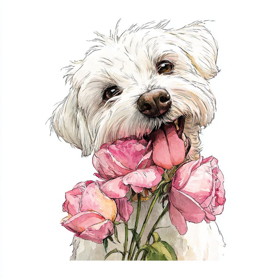 A detailed watercolor painting of a happy white dog holding a bouquet of pink roses in its mouth, set against a white background.